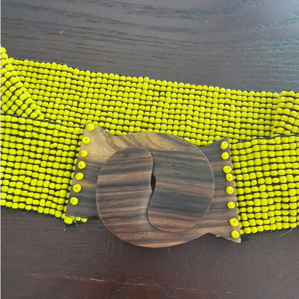 Wide Stretch Belt Vibrant Yellow Seed Bead Band Interlocking Carved Wood Buckle